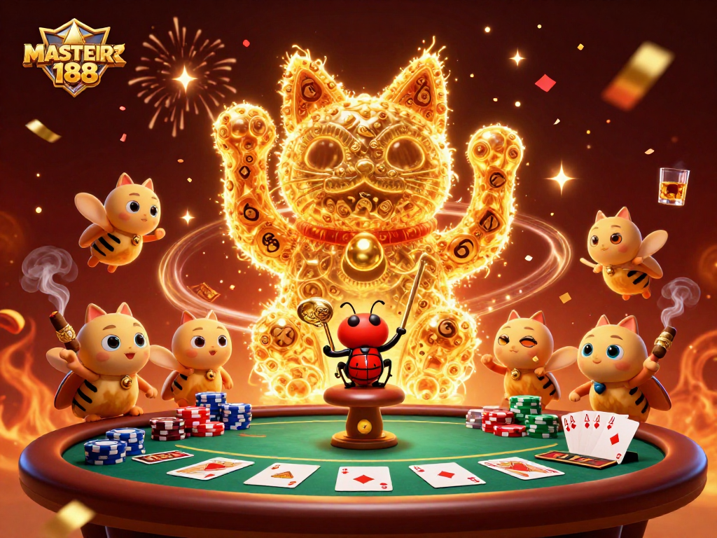 Engage in winning strategies with MASTER188's vibrant gaming visuals and dynamic casino symbols.