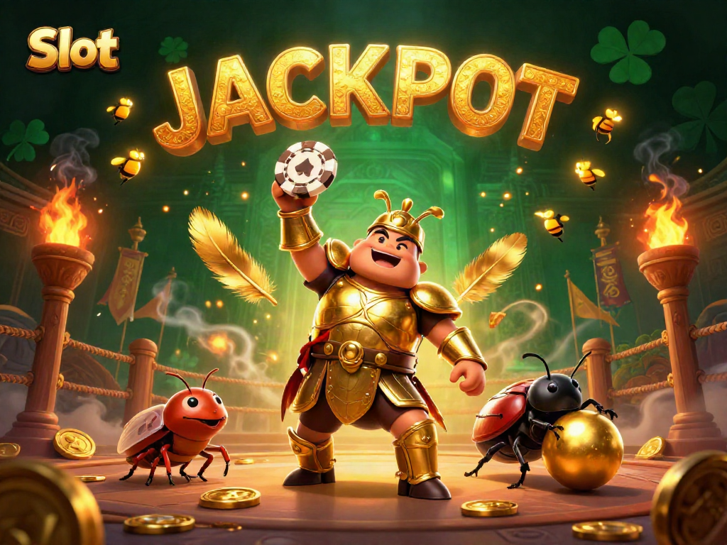 Menangkan Slot dengan ilustrasi 3D seru dari seekor kumbang ganas dan koin emas menyala.