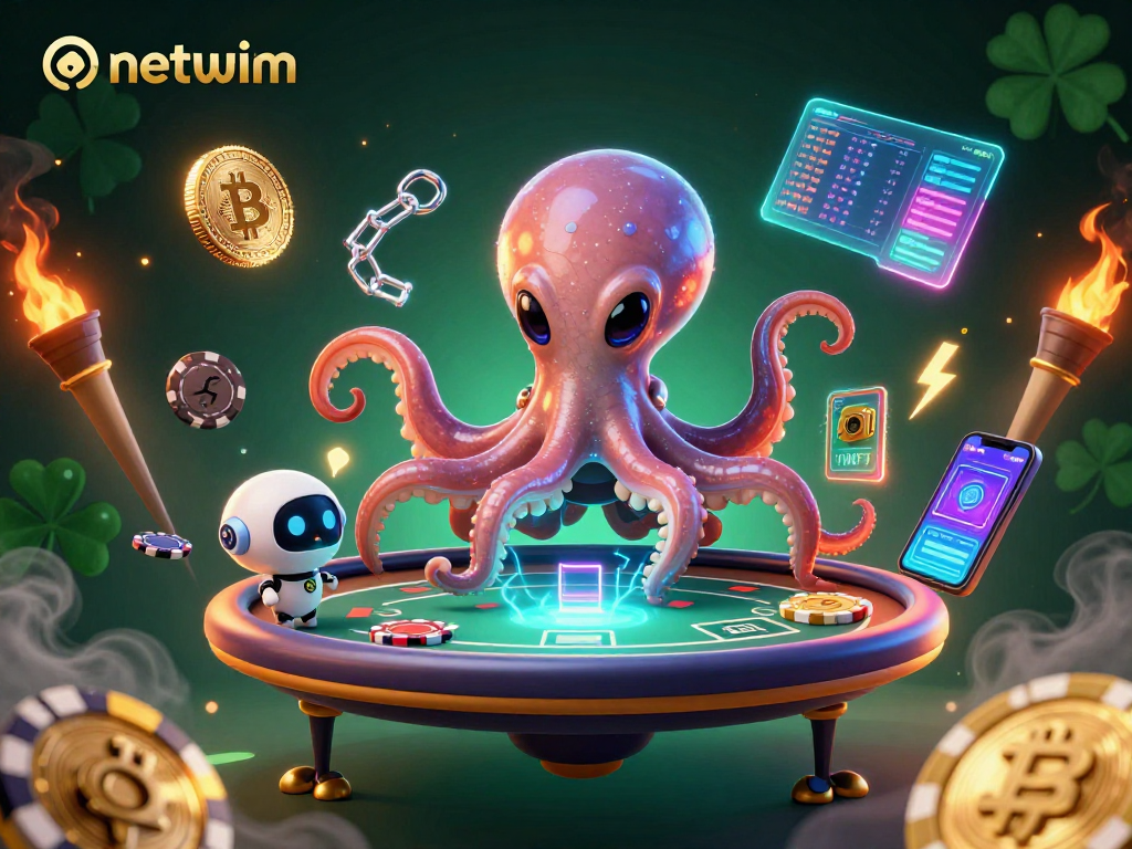Experience thrilling poker with netwim's futuristic alien octopus and digital elements.