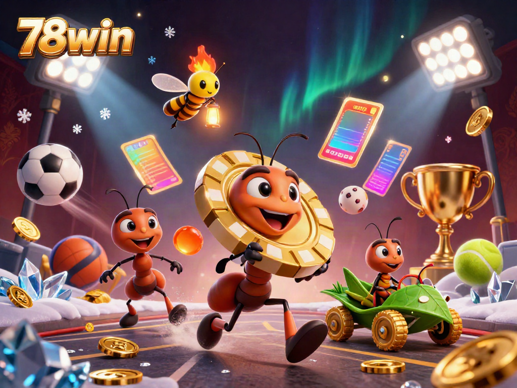 Experience the excitement of 78win as cartoon ants heist a giant poker chip in this vibrant gambling-themed illustration.