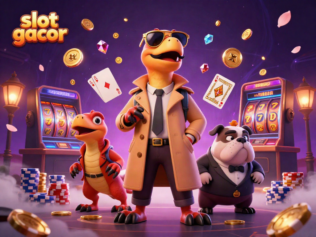 Experience the excitement of slot gacor with cartoon raptors entering a VIP casino lounge.