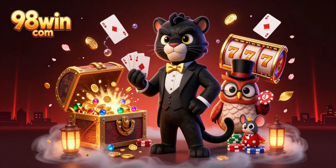 Engage with 98win com in a vibrant casino scene featuring a stylish panther, owl, and mouse.