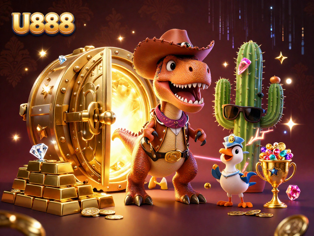 Experience the thrill of U888 as cartoon characters celebrate a treasure jackpot surrounded by vibrant bokeh.
