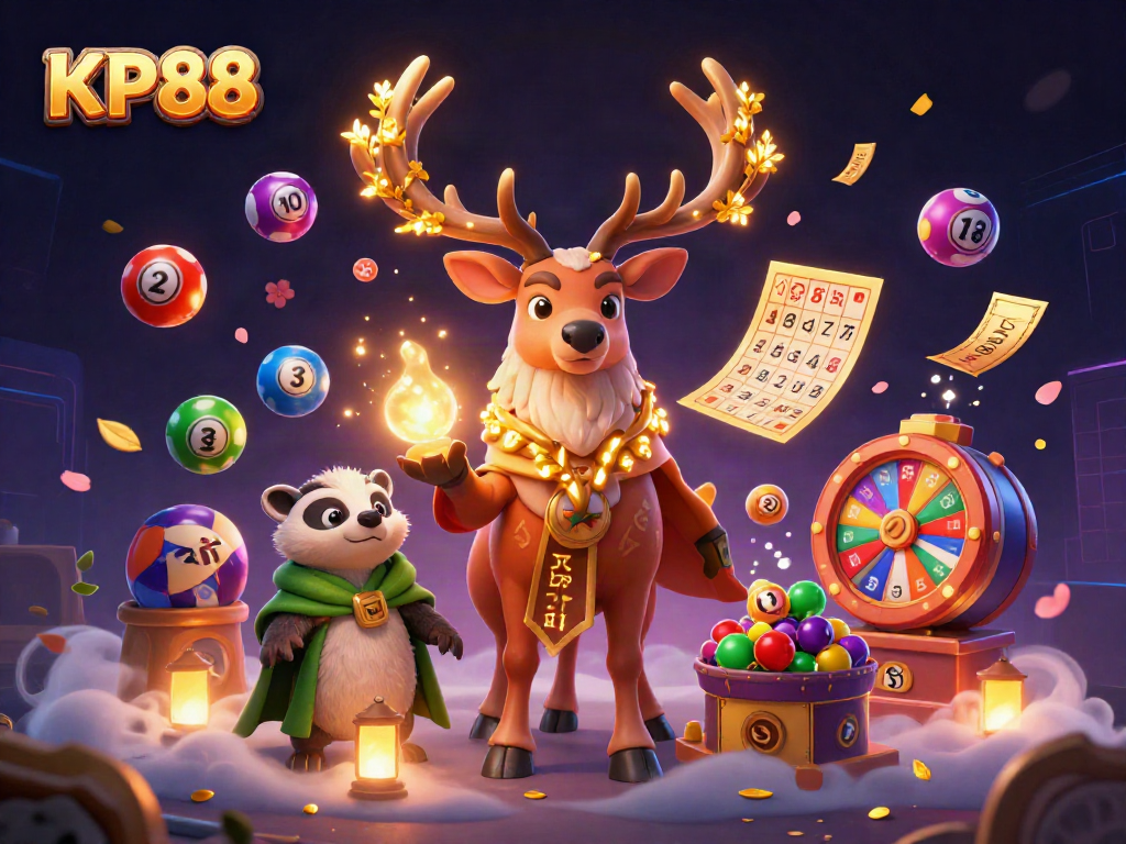 Join the excitement at KP88 with dynamic lottery balls and enchanting casino characters.