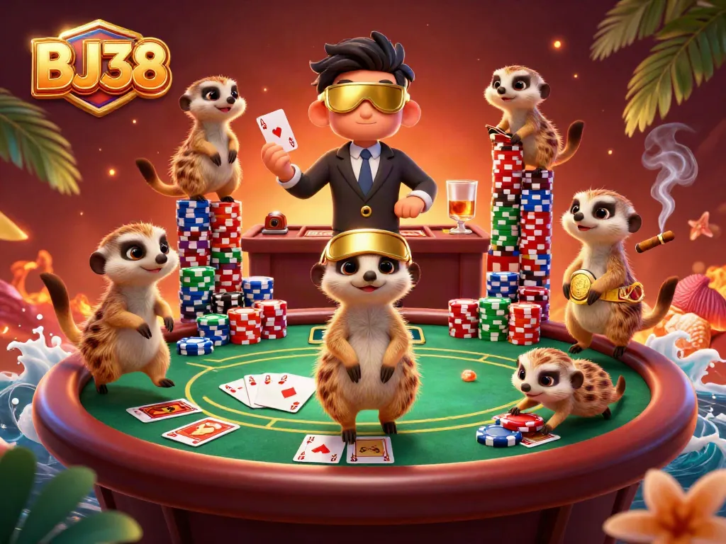 Experience the lively BJ38 casino scene with meerkats running a poker operation amidst vibrant elements.