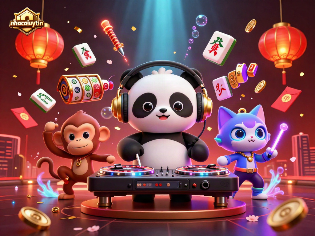 Experience the vibrant excitement of gaming with nhacaiuytin's festive DJ panda, monkey, and kitten.
