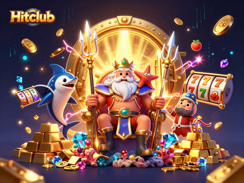 Hitclub promotes winning strategies in a vibrant 3D casino scene filled with treasures.