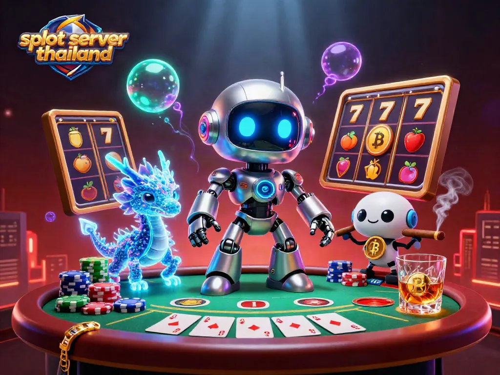 Engage with exciting slot server thailand visuals, featuring vibrant slot reels and a dynamic cyberpunk scene.