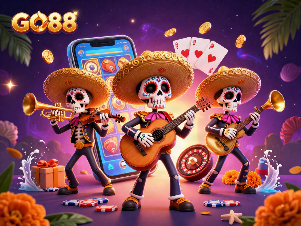 Experience the excitement of GO88 with vibrant gaming elements and a festive mariachi scene.
