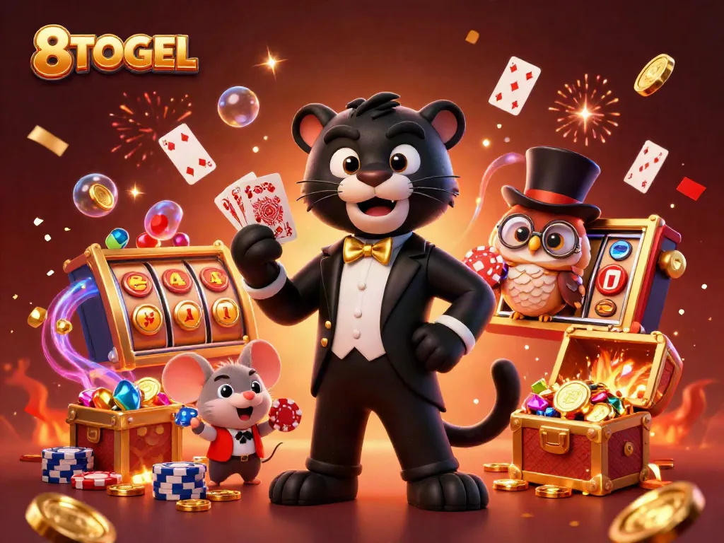 8TOGEL casino scene featuring a stylish black panther dealing cards, surrounded by colorful slot game elements.