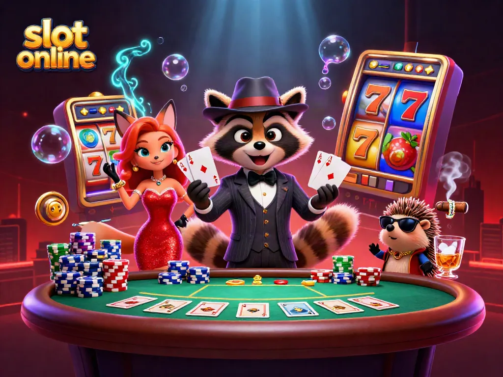 Menggulung slot online dengan karakter kucing rakun, rubah, dan landak dalam suasana kasino yang hidup.