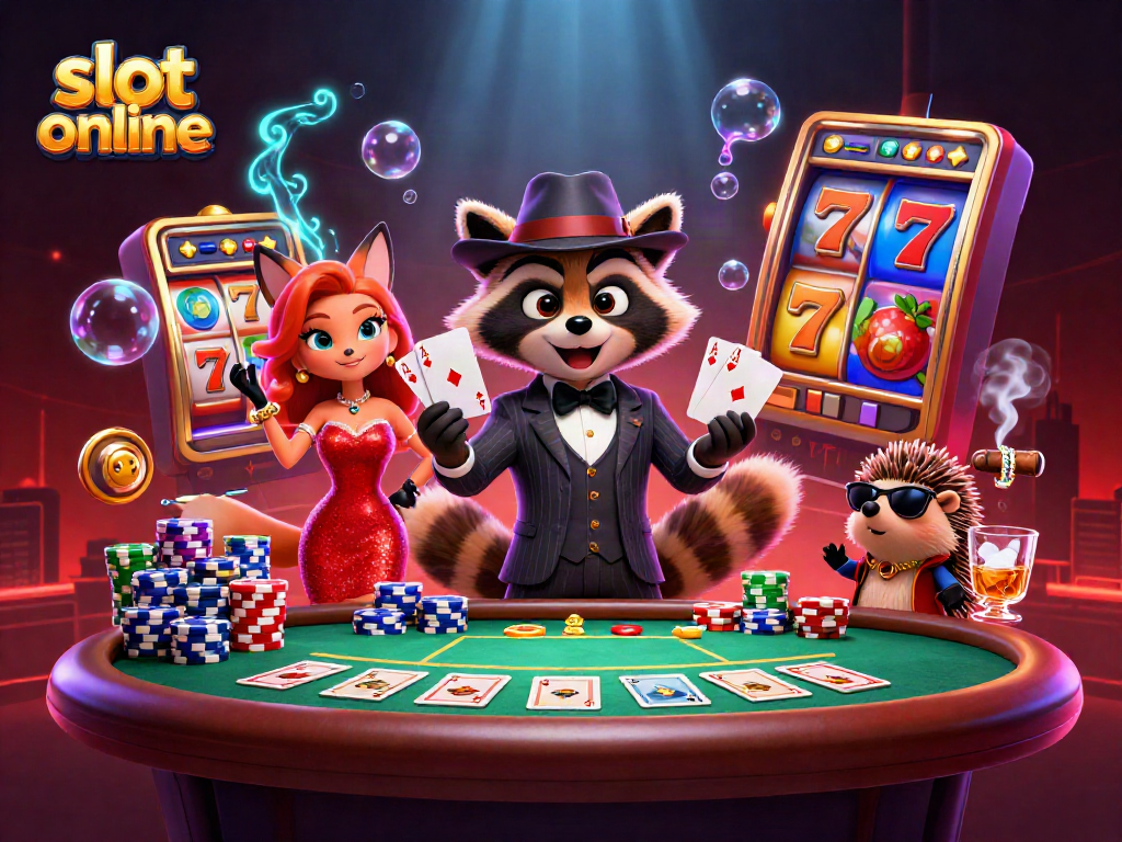 Menggulung slot online dengan karakter kucing rakun, rubah, dan landak dalam suasana kasino yang hidup.