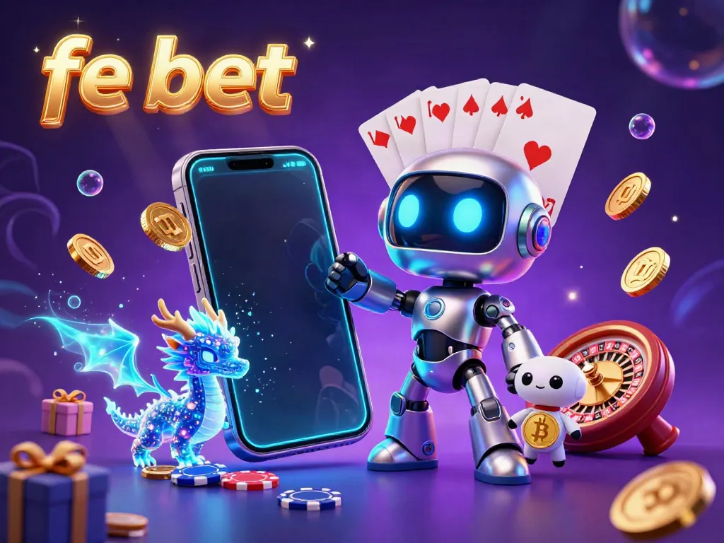 Experience vibrant gaming with fe bet's cyberpunk theme and engaging casino elements in this 3D illustration.