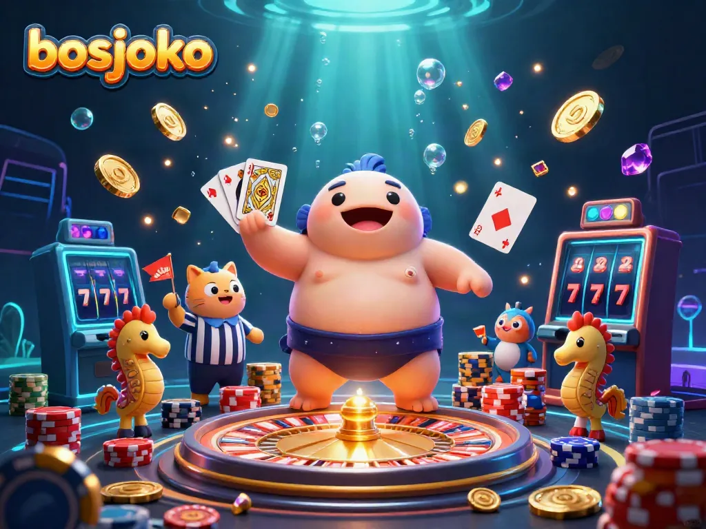 Experience vibrant gaming with bosjoko's 3D animated underwater scene featuring slot games and casino elements.