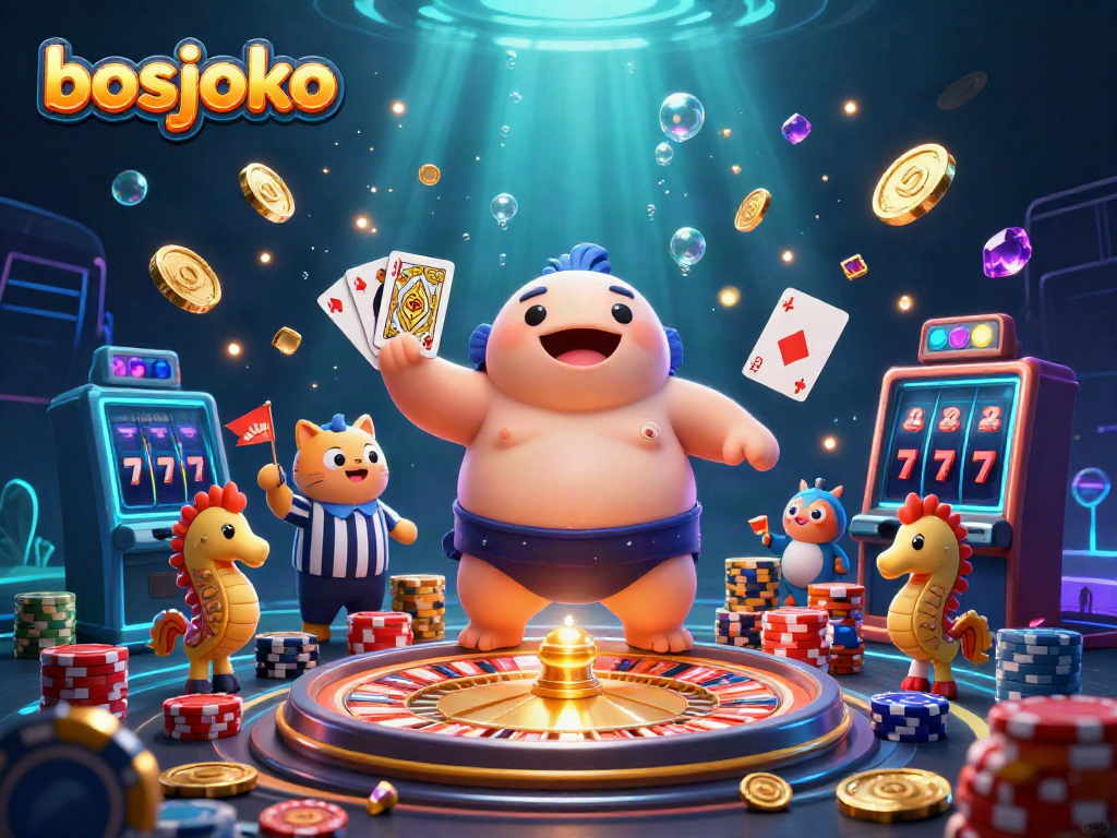 Experience vibrant gaming with bosjoko's 3D animated underwater scene featuring slot games and casino elements.