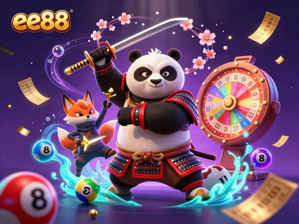 Experience the excitement of ee88 with samurai panda and ninja fox in an immersive casino scene.