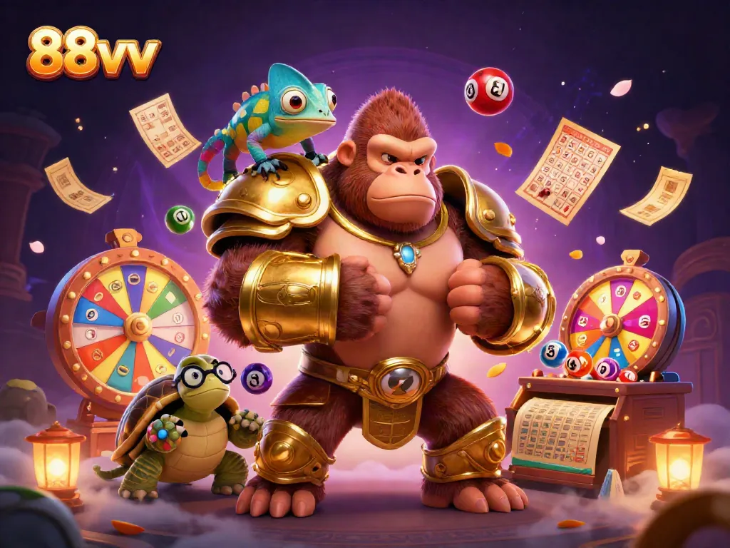 Experience thrilling gaming adventures with 88vv in a vibrant, animated casino scene.