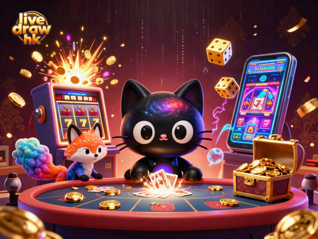 Engage with live draw hk as cosmic cat and nebula fox attract casino riches in a vibrant scene.