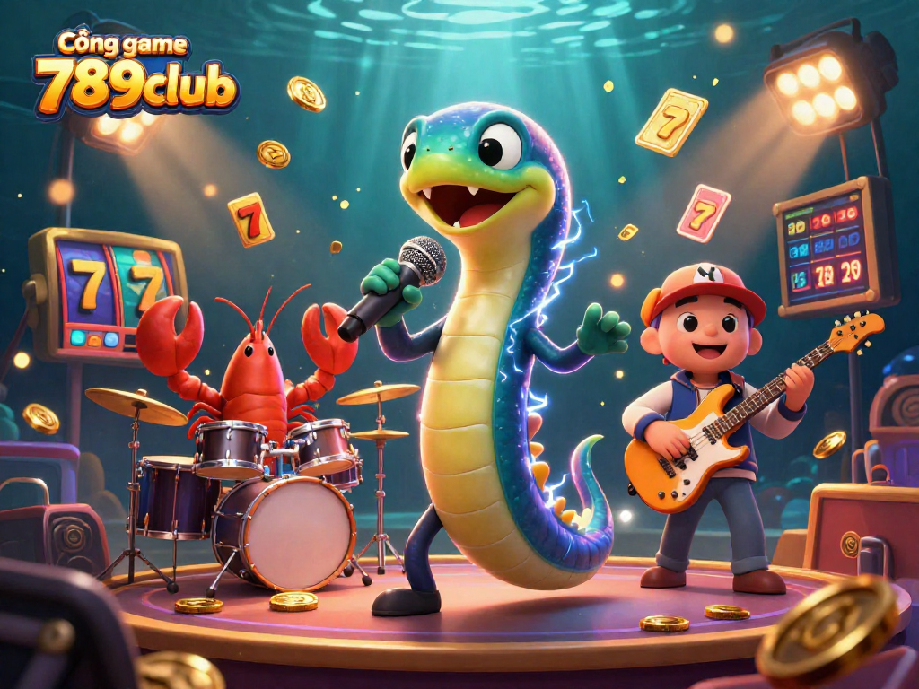 Cổng game 789club showcases a vibrant underwater casino scene featuring a DJ eel and a live band.