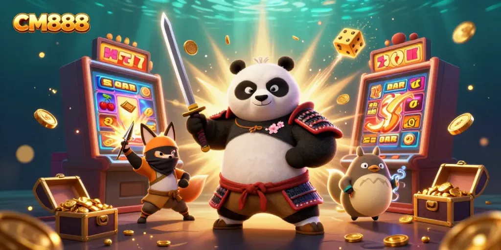 Experience excitement at CM888 with a 3D illustration of a samurai panda, ninja fox, and spirit tanuki amidst bursting slot machine symbols.