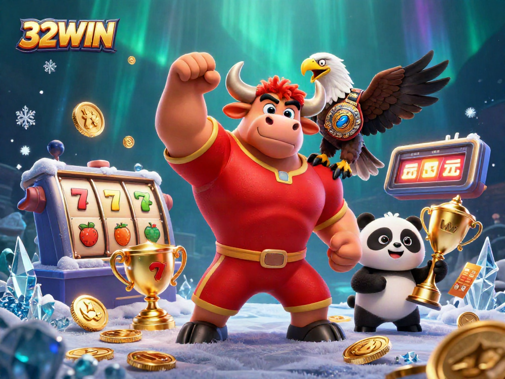 Engage with 32WIN through a vibrant 3D illustration featuring a victorious bull and dazzling slot elements.