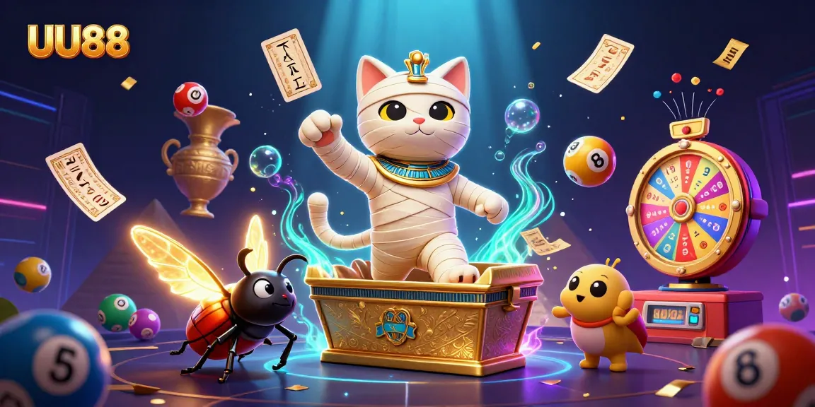 Win big with UU88 in this vibrant illustration of a mummy cat bursting into action in a lively casino.