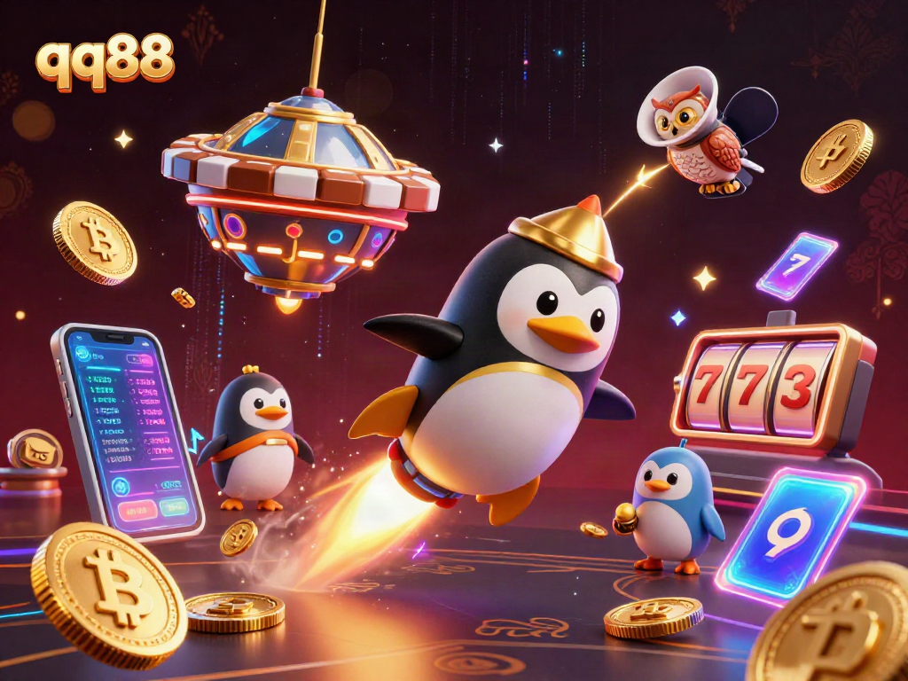 Engage with qq88’s thrilling gaming experience as a golden penguin rockets to a casino chip station.