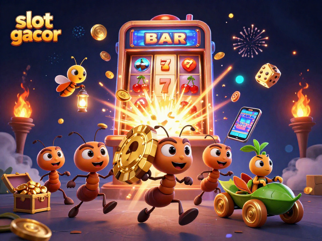 Win big with slot gacor while cartoon ants carry a giant golden poker chip through a vibrant casino scene.