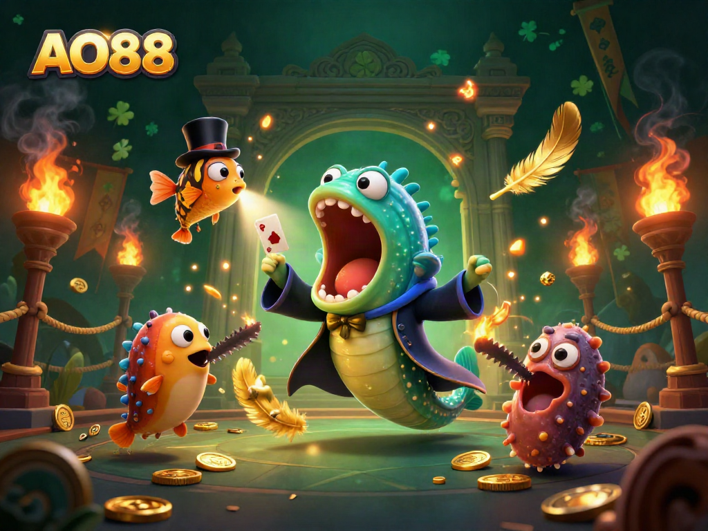 Experience thrilling card tricks by AO88's bioluminescent eel and companions in a magical underwater arena.