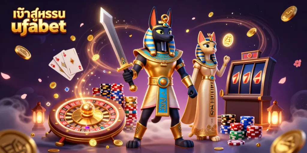Play slots and win with secure เข้าสู่ระบบ ufabet, surrounded by dazzling coins and casino elements.