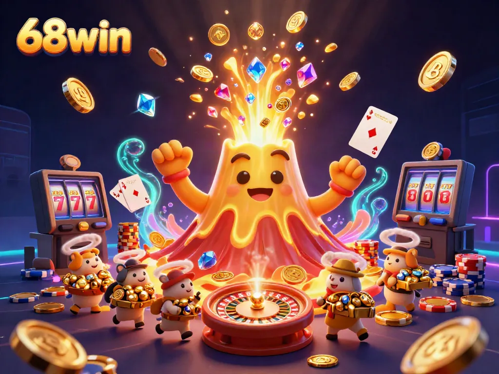 Experience thrilling gameplay and rewards at 68win with a vibrant casino-themed digital illustration.