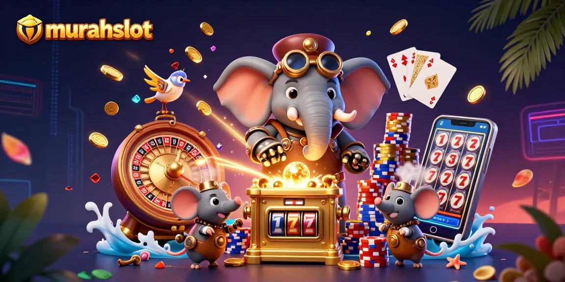 Visualisasi menarik murahslot dengan mesin slot emas dan karakter kartun unik dalam aksi.