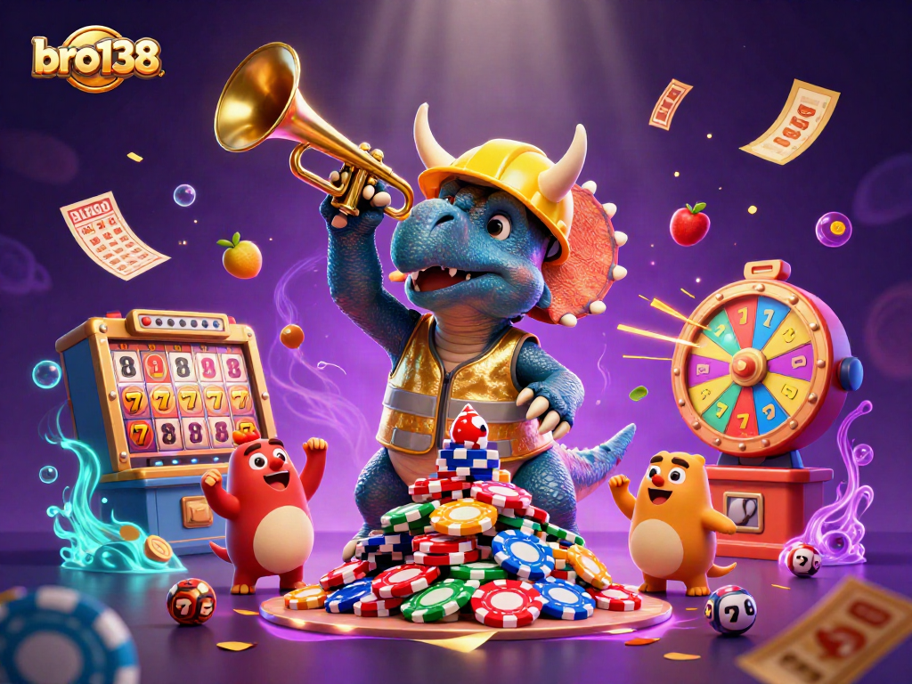 Engage with the casino excitement at bro138 featuring a vibrant 3D scene of triceratops and parasaurolophus celebrating jackpots.
