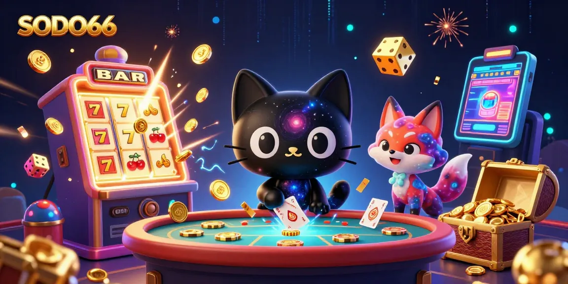 SODO66 cosmic casino scene with a black hole cat and colorful fox drawing in chips and cards