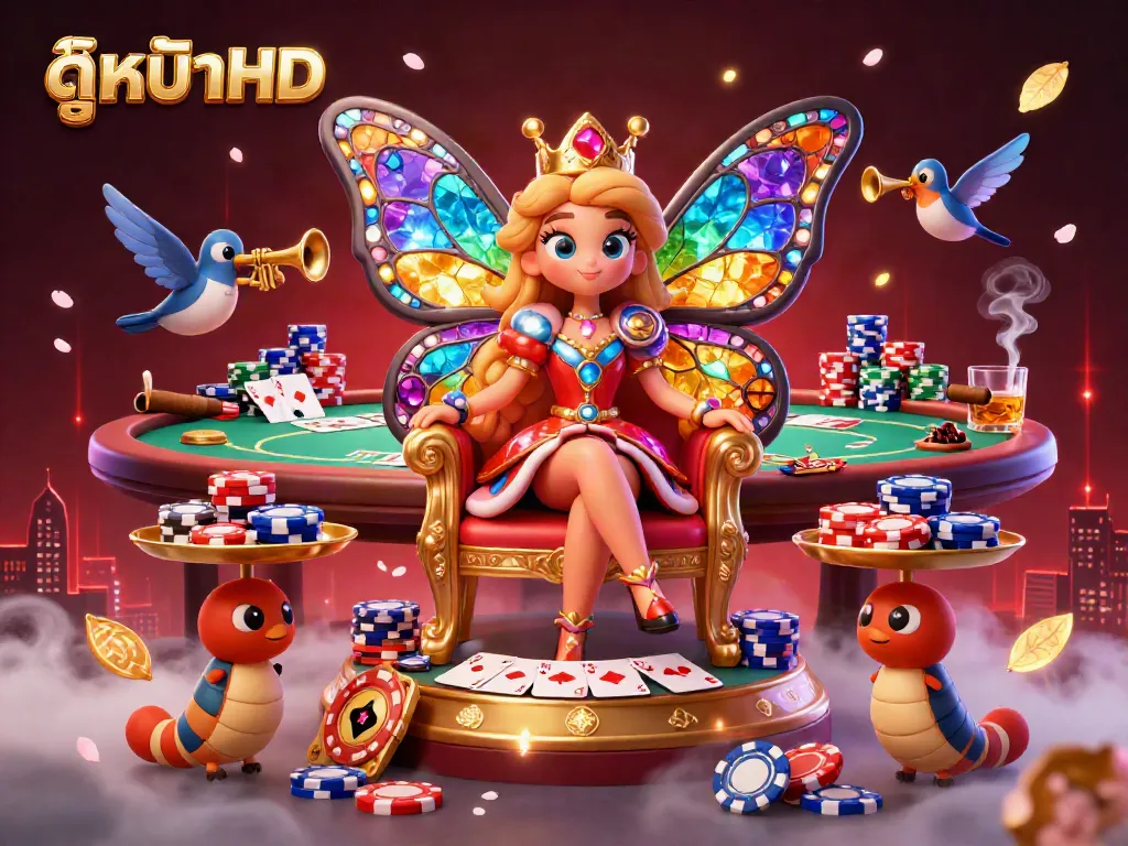 Experience exciting action in ดูหนังHD as a butterfly queen presides over a vibrant casino scene with poker gameplay.