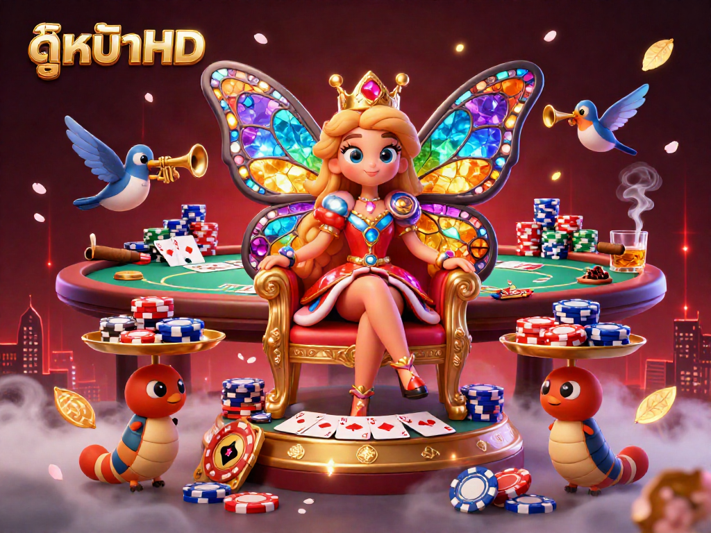 Experience exciting action in ดูหนังHD as a butterfly queen presides over a vibrant casino scene with poker gameplay.
