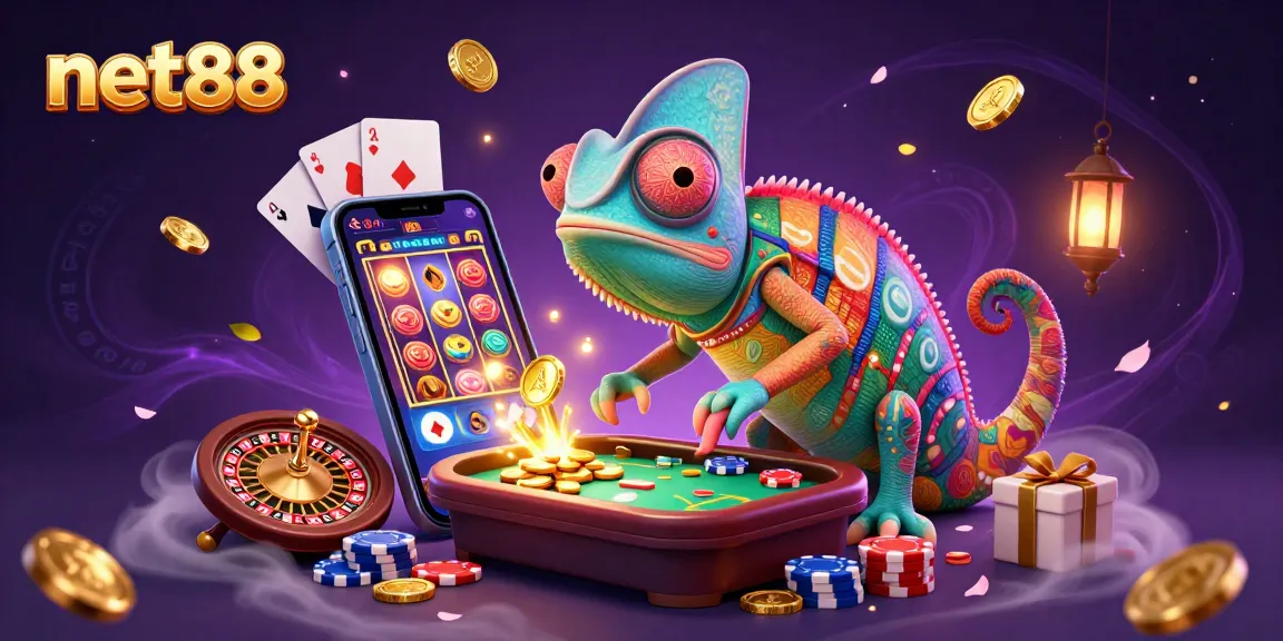 Engage with net88's exciting games featuring a vibrant chameleon casino owner in a magical atmosphere.