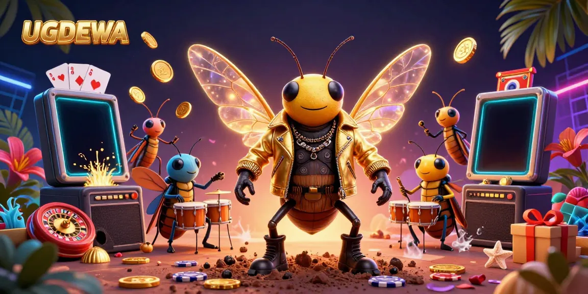 Experience exciting gaming with UGDEWA's vibrant 3D illustration of animated characters celebrating casino events.