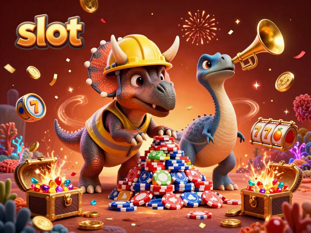 Spin the slot reels in a vibrant casino scene featuring colorful characters and golden treasures