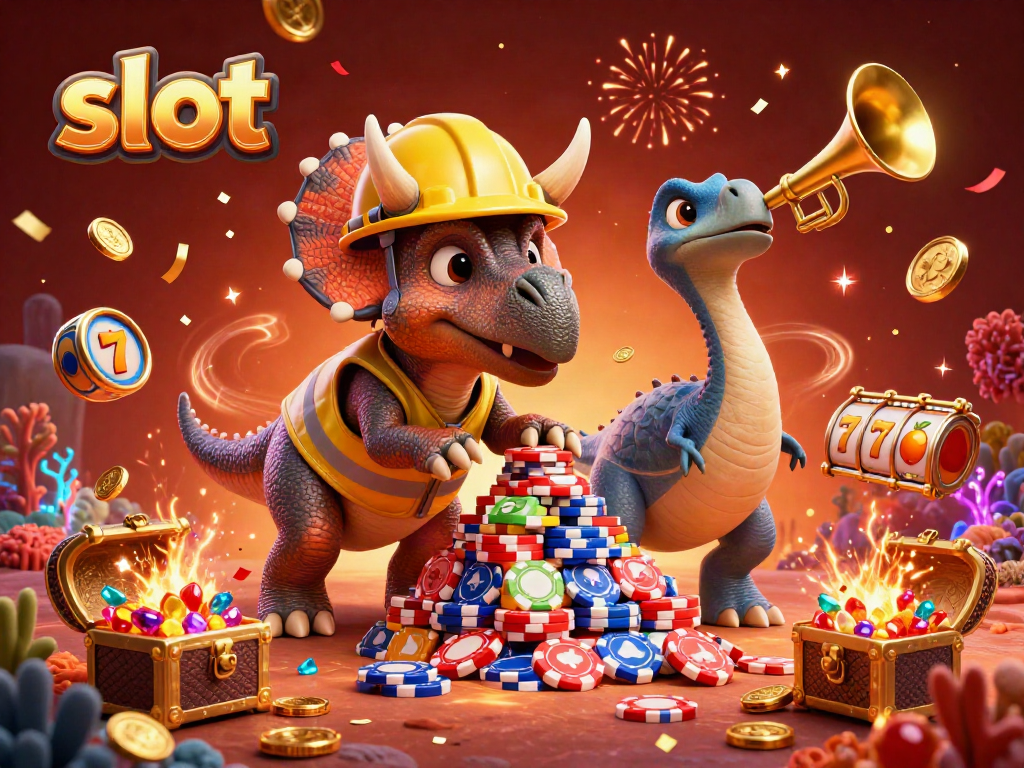 Spin the slot reels in a vibrant casino scene featuring colorful characters and golden treasures