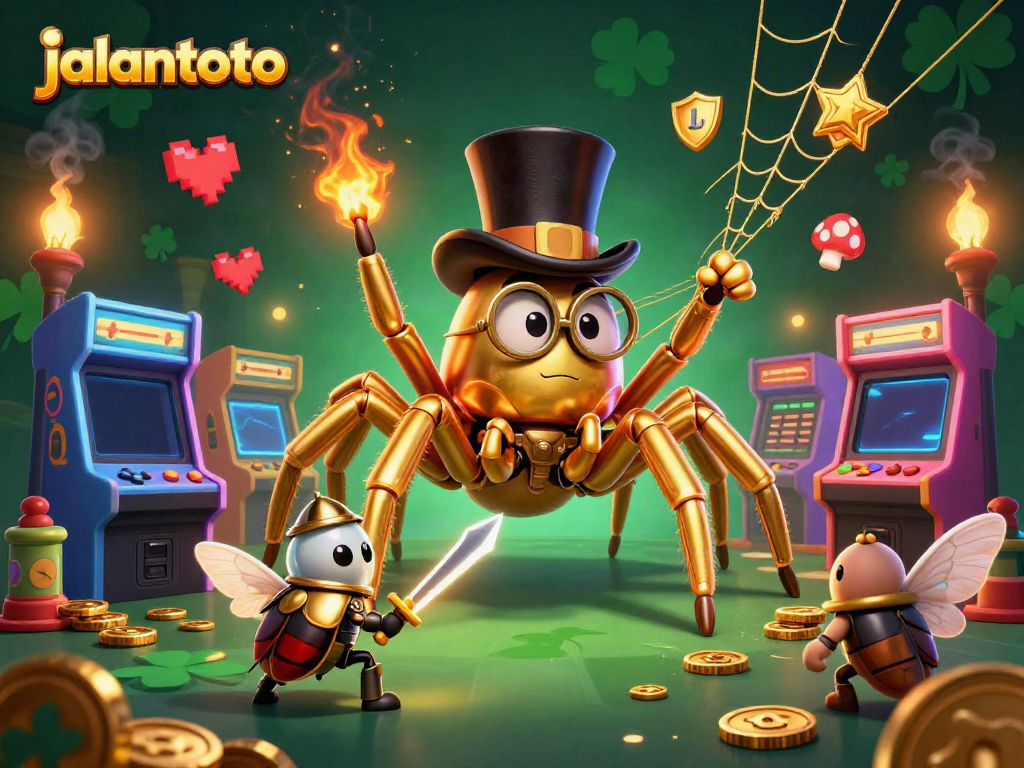 Jalantoto menampilkan tarantula emas dan ksatria kecil dalam ilustrasi kasino yang menarik.