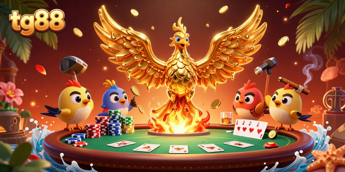 Experience the thrill of tg88 with a golden phoenix emerging among poker chips, enhancing your gaming journey.