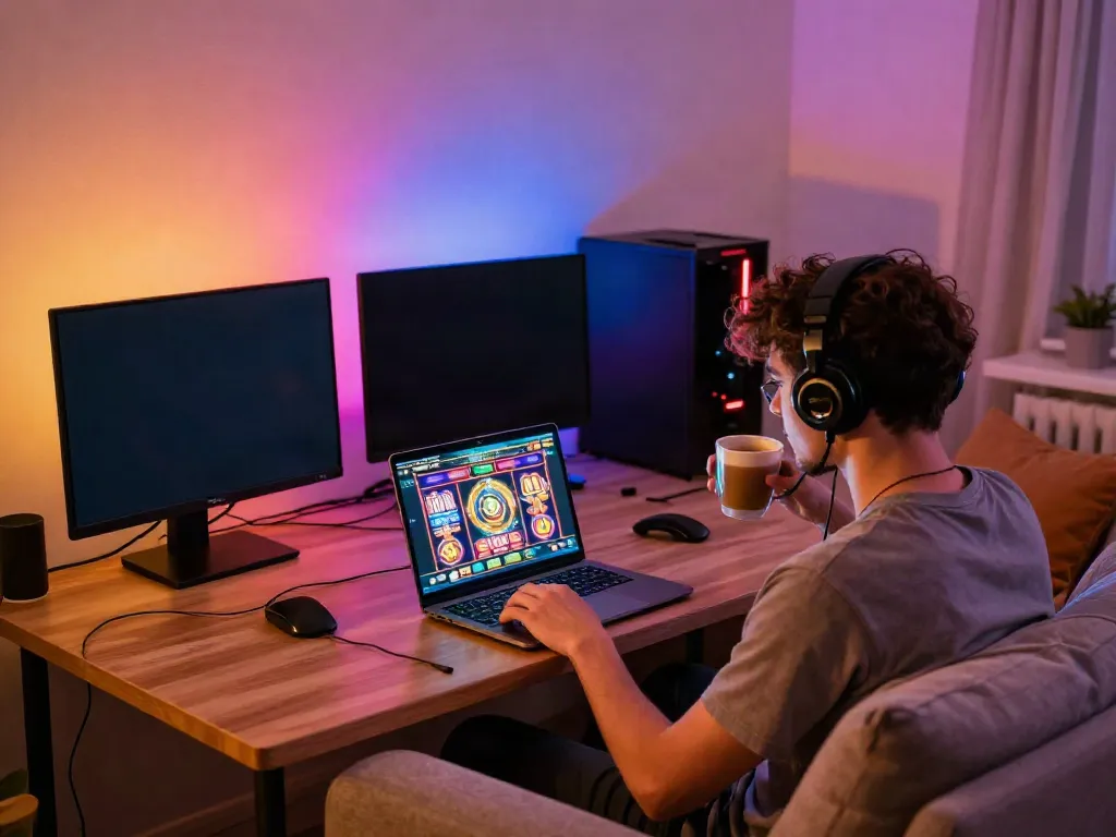 Player enjoying Luxury12 slots, gaming setup with coffee and vibrant lighting.