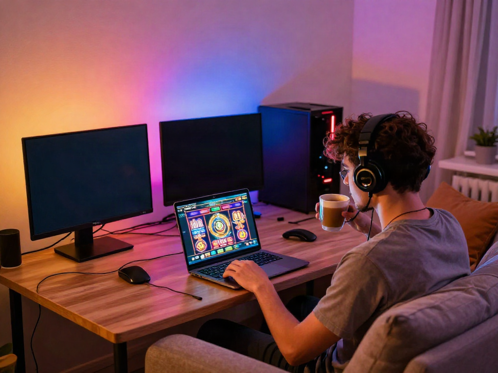 Player enjoying Luxury12 slots, gaming setup with coffee and vibrant lighting.