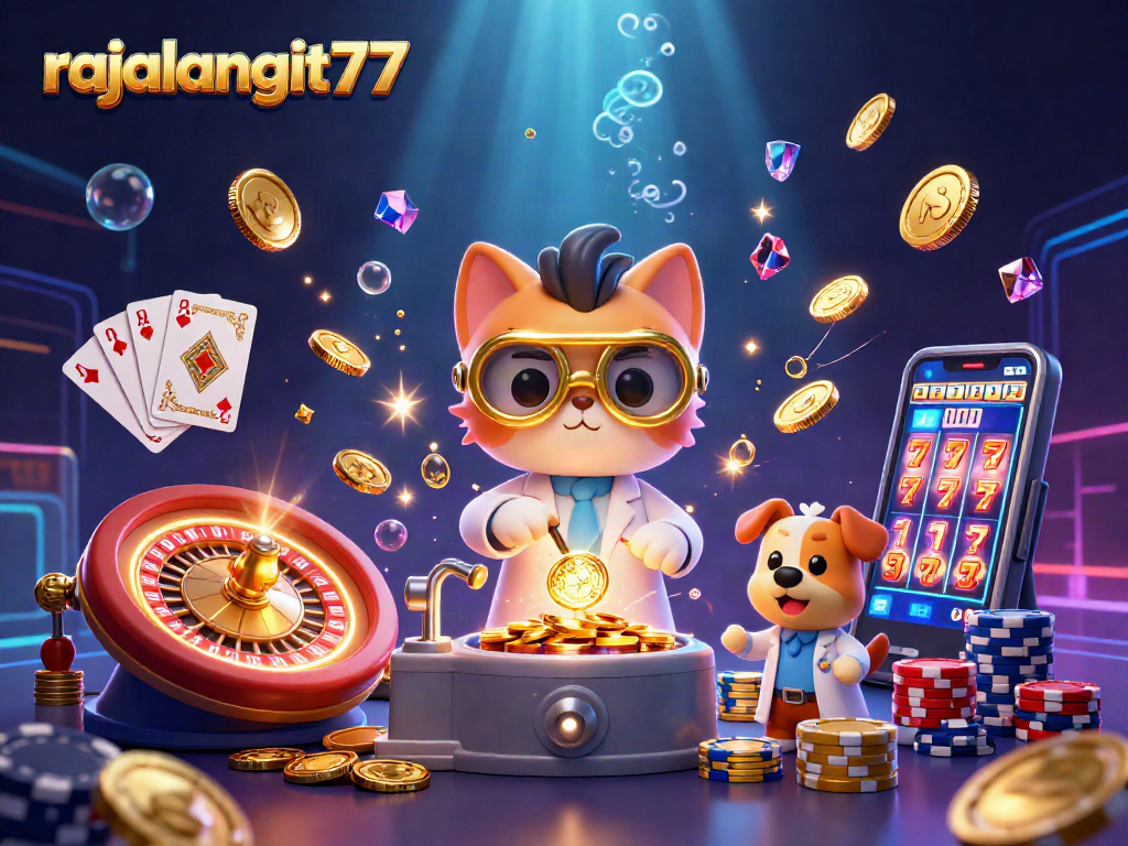 Engage with rajalangit77's lively casino atmosphere showcasing a mad scientist cat and dog amidst colorful gambling elements.