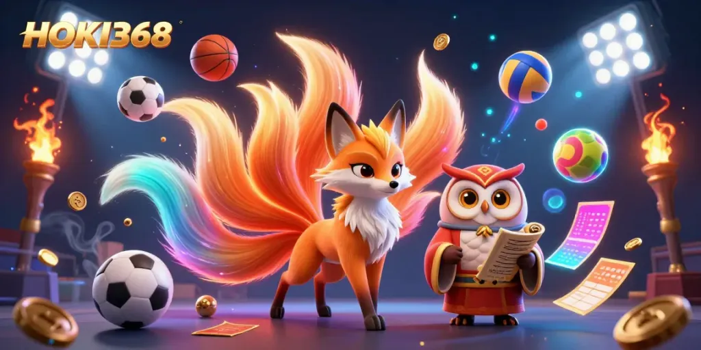 Experience premium gaming thrills with HOKI368 featuring a magical fox spirit and vibrant sports elements.