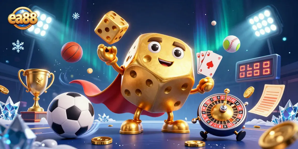 ea88 showcases dynamic gaming excitement with golden dice and vivid sports elements in an energetic casino scene.