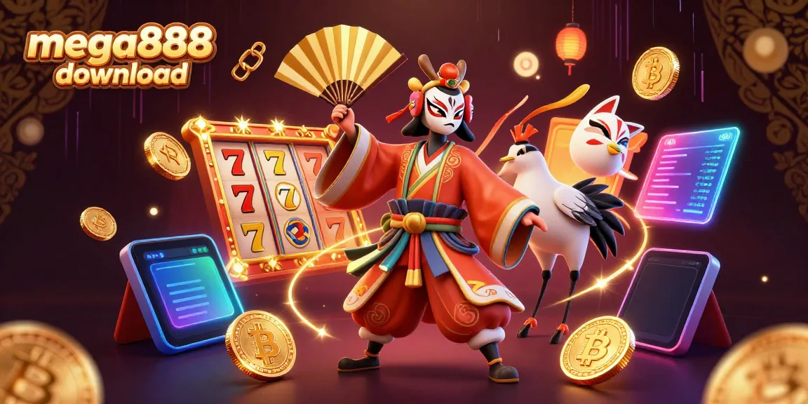 Engage with mega888 download through this vibrant illustration of a kabuki warrior and casino elements.