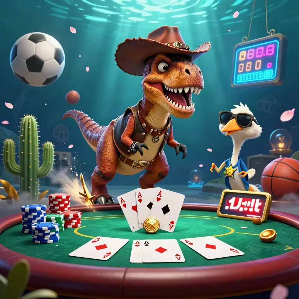Cartoon cowboy T-Rex, cactus and roadrunner burst around poker chips, balls, and neon casino light.