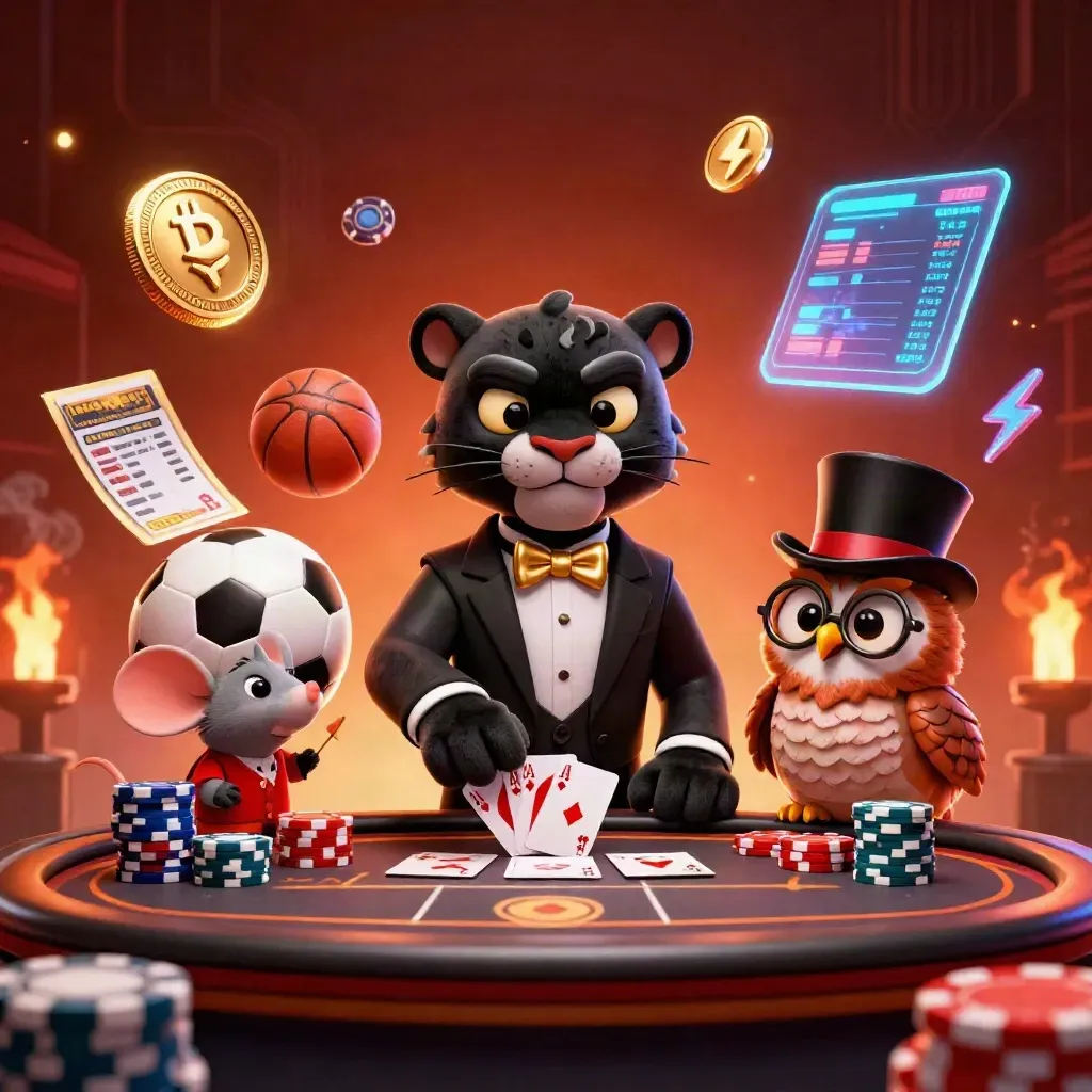 Panther, owl, and mouse amid casino chips, crypto coins, and glowing sports props in crimson neon.